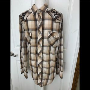 ROPER Mens XL Embroidered Brown Plaid Pearl Snap Long Sleeve Shirt Western Rodeo